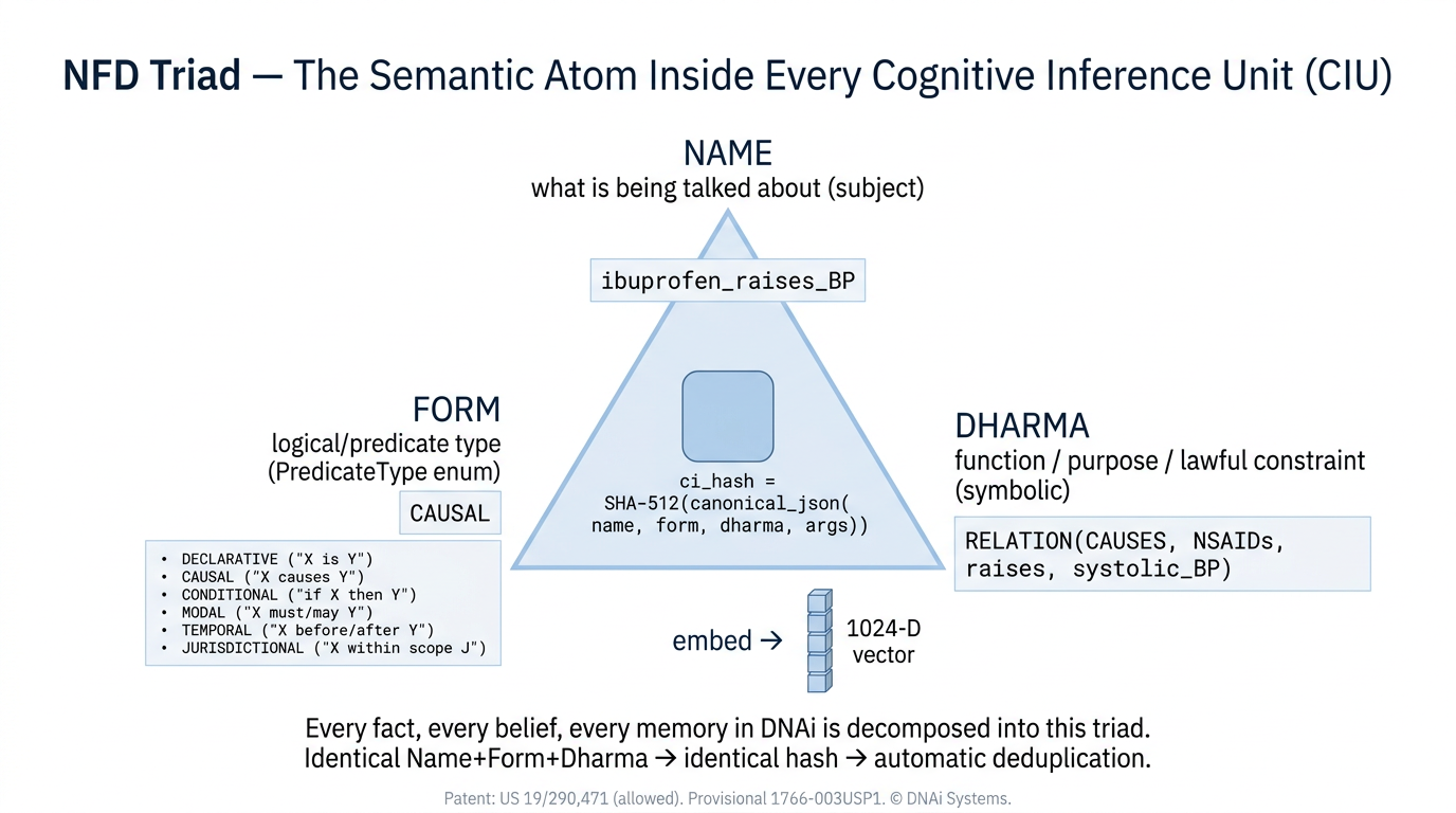 The NFD triad. Name, Form, Dharma. The atomic semantic unit of DNAi.