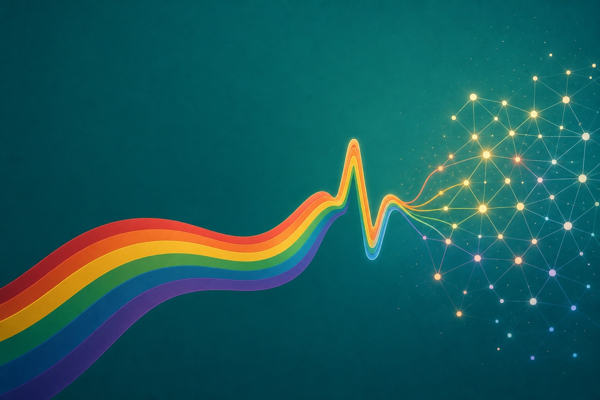 A Pride-colored ribbon flowing through a heartbeat line into a glowing knowledge graph, on a deep teal background
